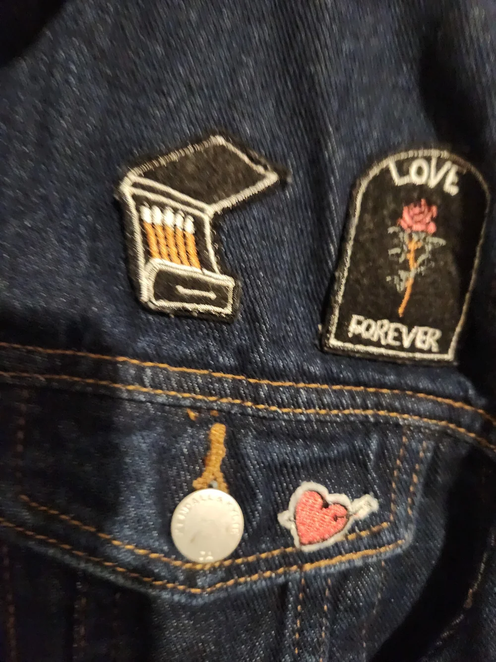 Kendall & Kylie Dark Blue Denim Jacket with Patches and Flag Sleeve